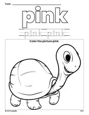 Free turtle color pink coloring page and color worksheet, pink worksheet for preschoolers to learn colors, printable PDF