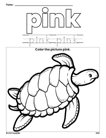 Free turtle color pink coloring page and color worksheet, pink worksheet for preschoolers to learn colors, printable PDF