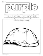 Free turtle color purple coloring page and color worksheet, purple worksheet for preschoolers to learn colors, printable PDF