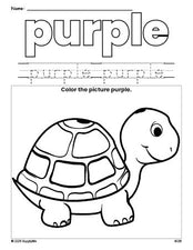 Free turtle color purple coloring page and color worksheet, purple worksheet for preschoolers to learn colors, printable PDF