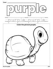 Free turtle color purple coloring page and color worksheet, purple worksheet for preschoolers to learn colors, printable PDF