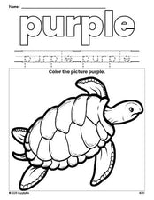 Free turtle color purple coloring page and color worksheet, purple worksheet for preschoolers to learn colors, printable PDF