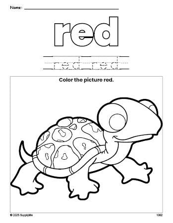 Free turtle color red coloring page and color worksheet, red worksheet for preschoolers to learn colors, printable PDF