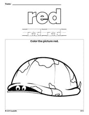 Free turtle color red coloring page and color worksheet, red worksheet for preschoolers to learn colors, printable PDF