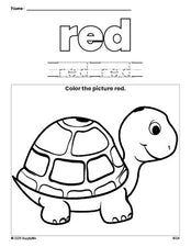 Free turtle color red coloring page and color worksheet, red worksheet for preschoolers to learn colors, printable PDF