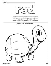 Free turtle color red coloring page and color worksheet, red worksheet for preschoolers to learn colors, printable PDF