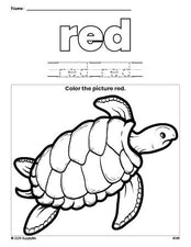 Free turtle color red coloring page and color worksheet, red worksheet for preschoolers to learn colors, printable PDF