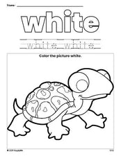 Free turtle color white coloring page and color worksheet, white worksheet for preschoolers to learn colors, printable PDF