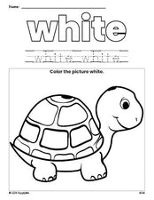 Free turtle color white coloring page and color worksheet, white worksheet for preschoolers to learn colors, printable PDF