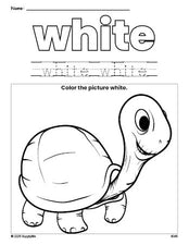 Free turtle color white coloring page and color worksheet, white worksheet for preschoolers to learn colors, printable PDF