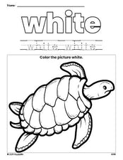 Free turtle color white coloring page and color worksheet, white worksheet for preschoolers to learn colors, printable PDF