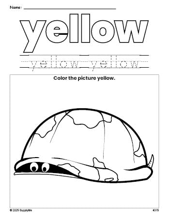 Free turtle color yellow coloring page and color worksheet, yellow worksheet for preschoolers to learn colors, printable PDF