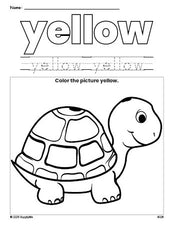 Free turtle color yellow coloring page and color worksheet, yellow worksheet for preschoolers to learn colors, printable PDF