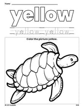 Free turtle color yellow coloring page and color worksheet, yellow worksheet for preschoolers to learn colors, printable PDF