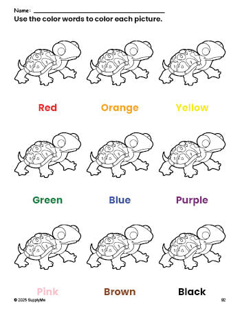 Free turtle coloring page and color worksheet for preschoolers to learn colors, printable PDF