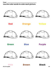 Free turtle coloring page and color worksheet for preschoolers to learn colors, printable PDF