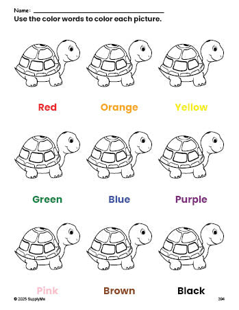 Free turtle coloring page and color worksheet for preschoolers to learn colors, printable PDF