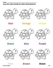 Free turtle coloring page and color worksheet for preschoolers to learn colors, printable PDF