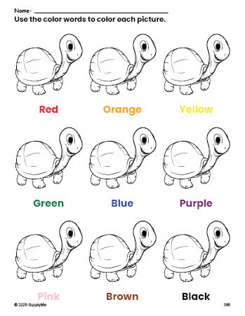 Free turtle coloring page and color worksheet for preschoolers to learn colors, printable PDF