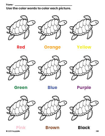 Free turtle coloring page and color worksheet for preschoolers to learn colors, printable PDF