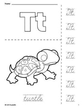 Free printable turtle coloring page and cursive letter tracing worksheet, letter t worksheet for preschool, pre-k, and kindergarten, PDF