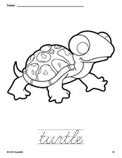 Free printable turtle coloring page and cursive word tracing worksheet, perfect for preschool, pre-k, and kindergarten, PDF