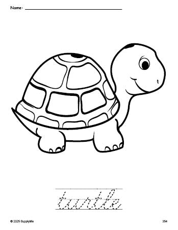 Free printable turtle coloring page and cursive word tracing worksheet, perfect for preschool, pre-k, and kindergarten, PDF