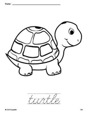 Free printable turtle coloring page and cursive word tracing worksheet, perfect for preschool, pre-k, and kindergarten, PDF