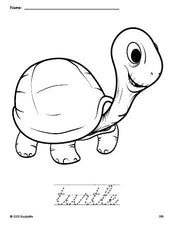 Free printable turtle coloring page and cursive word tracing worksheet, perfect for preschool, pre-k, and kindergarten, PDF