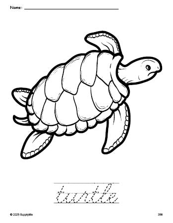 Free printable turtle coloring page and cursive word tracing worksheet, perfect for preschool, pre-k, and kindergarten, PDF