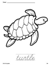 Free printable turtle coloring page and cursive word tracing worksheet, perfect for preschool, pre-k, and kindergarten, PDF