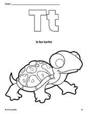 Free printable turtle coloring page, letter t coloring page for preschool, pre-k, and kindergarten, PDF