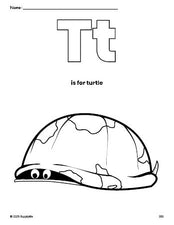 Free printable turtle coloring page, letter t coloring page for preschool, pre-k, and kindergarten, PDF