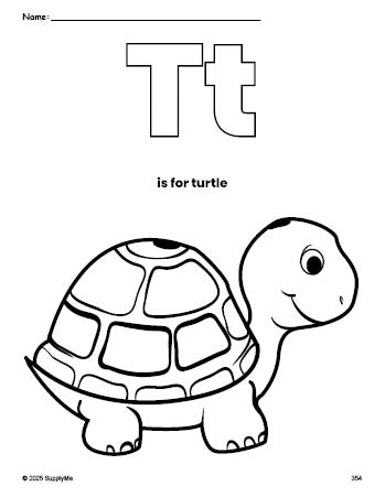 Free printable turtle coloring page, letter t coloring page for preschool, pre-k, and kindergarten, PDF