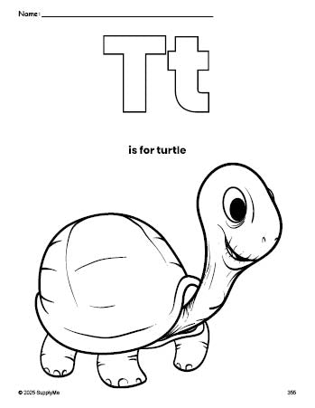 Free printable turtle coloring page, letter t coloring page for preschool, pre-k, and kindergarten, PDF