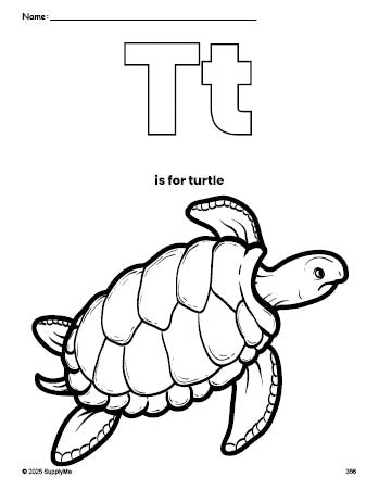 Free printable turtle coloring page, letter t coloring page for preschool, pre-k, and kindergarten, PDF