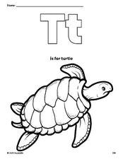 Free printable turtle coloring page, letter t coloring page for preschool, pre-k, and kindergarten, PDF