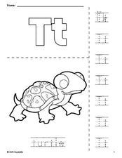 Free printable turtle coloring page and letter tracing worksheet, letter t worksheet for preschool, pre-k, and kindergarten, PDF