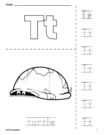 Free printable turtle coloring page and letter tracing worksheet, letter t worksheet for preschool, pre-k, and kindergarten, PDF