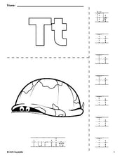 Free printable turtle coloring page and letter tracing worksheet, letter t worksheet for preschool, pre-k, and kindergarten, PDF