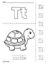 Free printable turtle coloring page and letter tracing worksheet, letter t worksheet for preschool, pre-k, and kindergarten, PDF