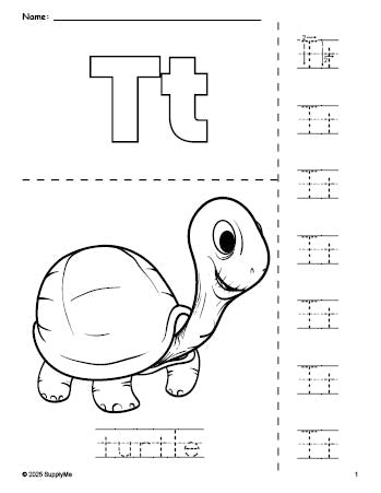 Free printable turtle coloring page and letter tracing worksheet, letter t worksheet for preschool, pre-k, and kindergarten, PDF