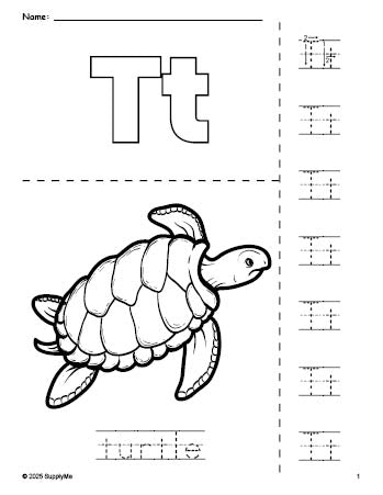 Free printable turtle coloring page and letter tracing worksheet, letter t worksheet for preschool, pre-k, and kindergarten, PDF