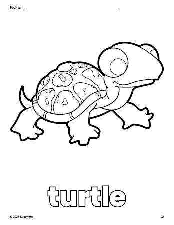 Free printable turtle coloring page for preschool, pre-k, and kindergarten, PDF