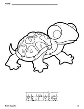 Free printable turtle coloring page and word tracing worksheet, letter formation guides, perfect for preschool, pre-k, and kindergarten, PDF