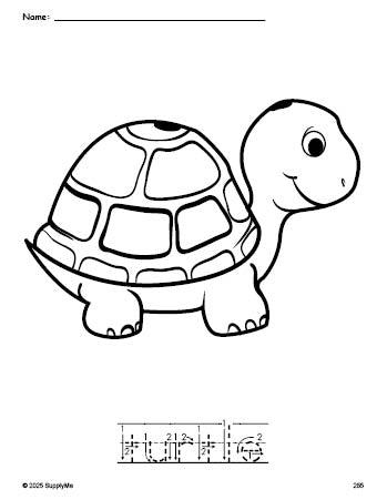 Free printable turtle coloring page and word tracing worksheet, letter formation guides, perfect for preschool, pre-k, and kindergarten, PDF