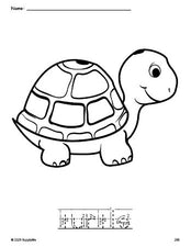 Free printable turtle coloring page and word tracing worksheet, letter formation guides, perfect for preschool, pre-k, and kindergarten, PDF