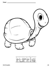 Free printable turtle coloring page and word tracing worksheet, letter formation guides, perfect for preschool, pre-k, and kindergarten, PDF