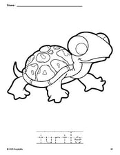 Free printable turtle coloring page and word tracing worksheet, perfect for preschool, pre-k, and kindergarten, PDF