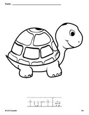 Free printable turtle coloring page and word tracing worksheet, perfect for preschool, pre-k, and kindergarten, PDF